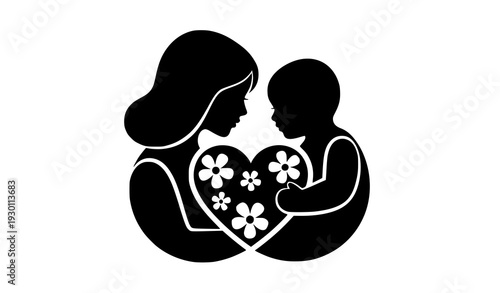 Abstract mother and infant silhouette holding heart and flowers modern maternal love vector