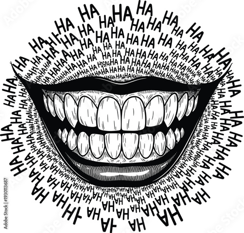 Black and White Vector Illustration of a Sinister Grinning Mouth Surrounded by HA HA Text for Joker Horror and Halloween