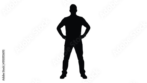 A black silhouette of a man standing with his hands on his hips isolated on white background, Vector