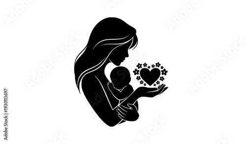 Mother and baby love silhouette vector with heart and floral elements minimalist family illustration