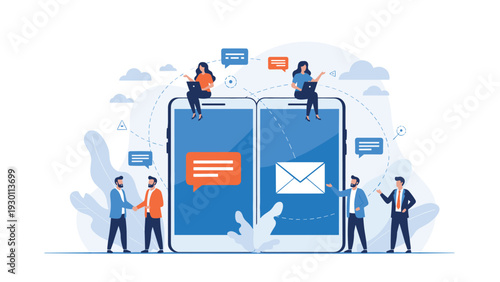Diverse group of business people communicating and shaking hands across large smartphone screens with message and email icons.
