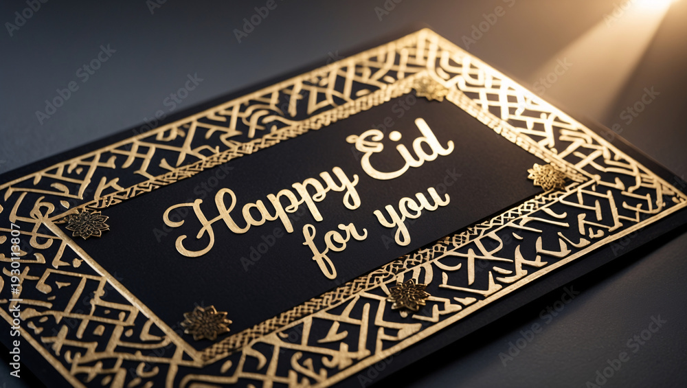 Fototapeta premium Luxury Happy Eid For You Card with Golden Embellished Borders