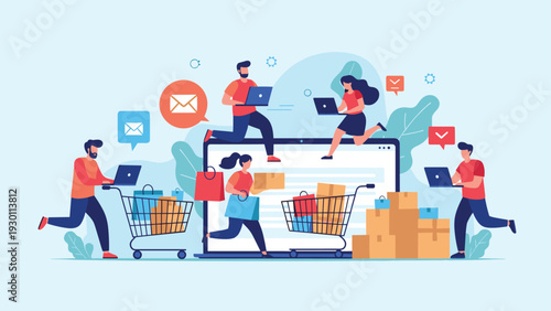 Group of people using laptops for online shopping while managing delivery boxes and shopping carts around a large digital screen.