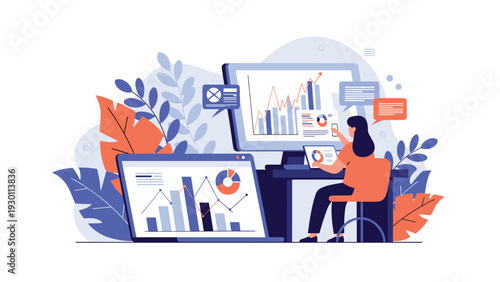 Professional analyst sitting at a desk and monitoring business performance through multiple computer screens showing complex data charts.