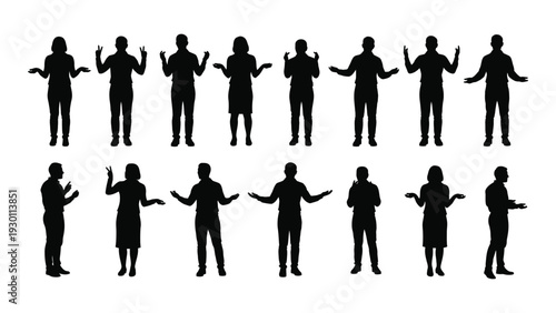 A group of people standing in two rows with their arms outstretched isolated on white background, Vector