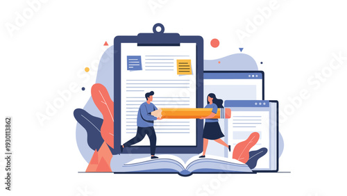 Two people holding a large pencil and writing on a massive clipboard with documents and books to illustrate administrative work.