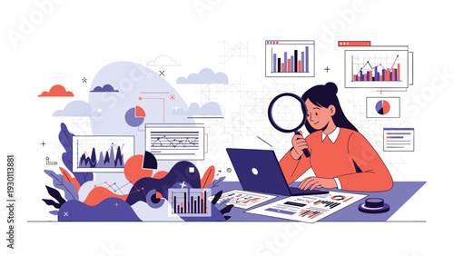 Woman using a magnifying glass to investigate various data charts and graphs on her laptop for detailed business research.