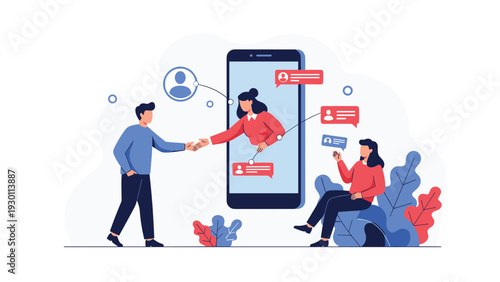 Group of users communicating via video call and text messages through a large smartphone screen with chat bubble icons.