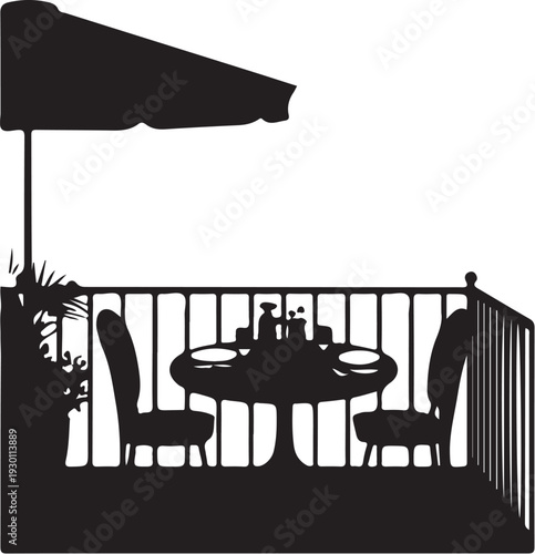 Black silhouette of patio dining set with umbrella and railing