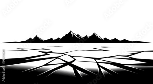 Graphic monochromatic landscape showing deep fissures on a vast frozen expanse under jagged peaks