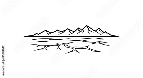 Monochromatic illustration of majestic mountain peaks overlooking a severely dehydrated land