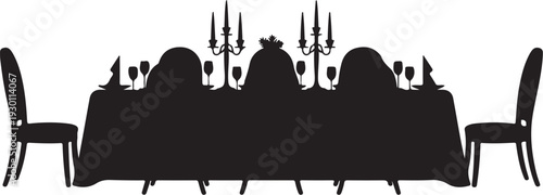 Black silhouette of people sitting at a long dining table with wine glasses and candelabra