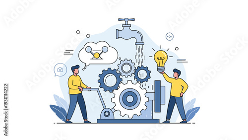 Two engineers operating a complex machine with gears and a faucet to produce new creative ideas represented by a light bulb.