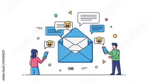 Users interacting with an open email envelope surrounded by various emoji faces and speech bubbles for digital communication.