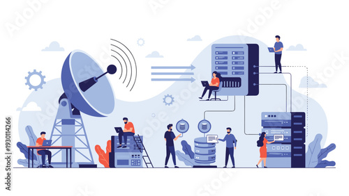 Technical team managing a large server farm and data transmission through a massive satellite dish and cloud network.