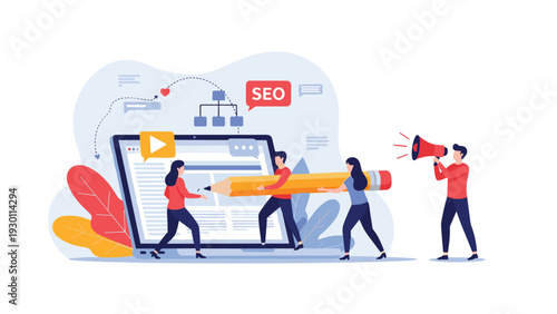 Content creators using a giant pencil and megaphone to optimize a website for SEO and digital marketing performance.