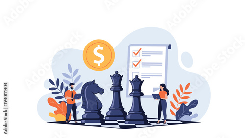 Business strategists planning their next move with large chess pieces under a giant dollar sign and checklist.