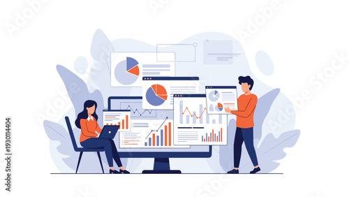 Data analysts organizing and presenting various infographic charts and pie diagrams on a giant computer monitor.