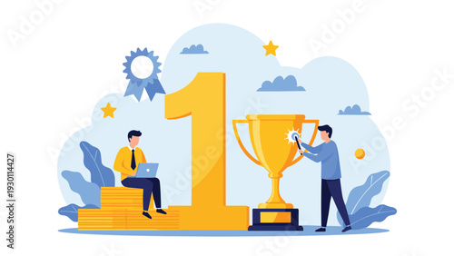 Two professionals celebrating a first place victory in front of a massive gold number one and a large trophy cup.