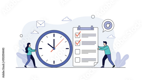 Coworkers managing their time and daily tasks with a massive wall clock and a large project management checklist document.