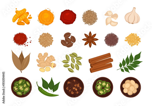 Variety of Spices and Herbs Displayed.