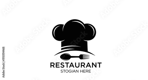 Modern black and white culinary emblem featuring chef toque and dining utensils perfect for eatery