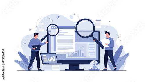Two professionals using magnifying glasses to search through digital documents and growth charts on a giant screen.