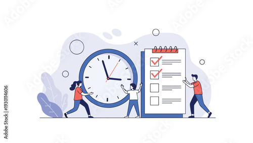 Productive team working together on time management and project organization by handling giant clock and task completion checklist.