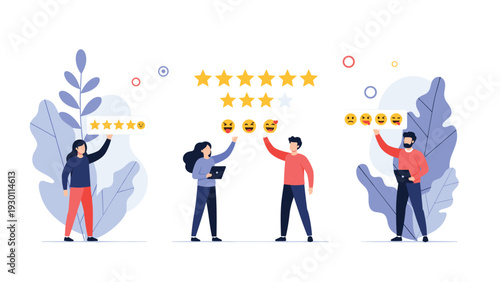Diverse people giving positive and negative customer feedback using star ratings and emotional smiley faces for service evaluation.