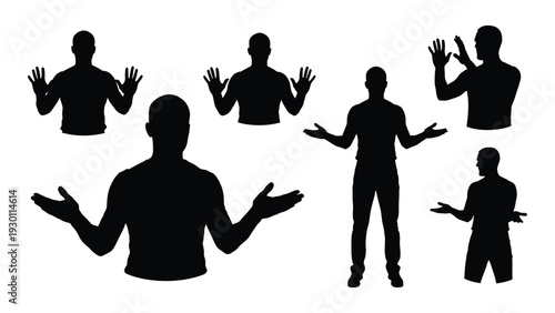 Black silhouettes of people with hands raised isolated on white background, Vector