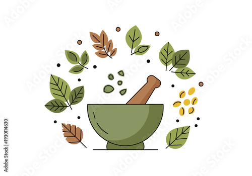 Mortar and Pestle with Herbs and Spices.