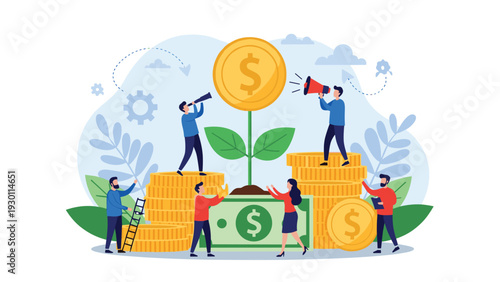 Investors cultivating financial growth through smart money management with dollar coin plant and piles of golden currency coins.