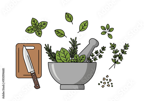 Mortar and Pestle with Herbs and Knife.
