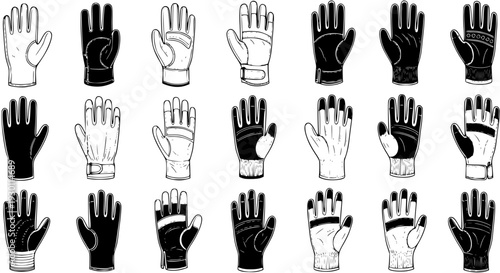 Hand-drawn Gloves Set. Collection of various black and white sketch style gloves, featuring different designs for sports, work, protection, and fashion apparel illustrations.