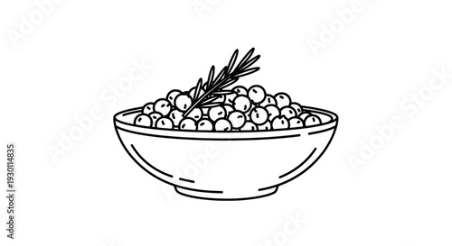 Minimalist line art illustration of a bowl brimming with small berries and a fresh sprig of rosemary