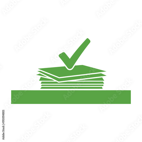 Stack of ballots with checkmark over green platform