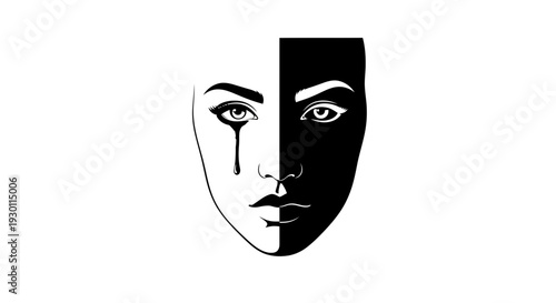 Striking monochromatic illustration of a woman's face representing emotional contrast and duality