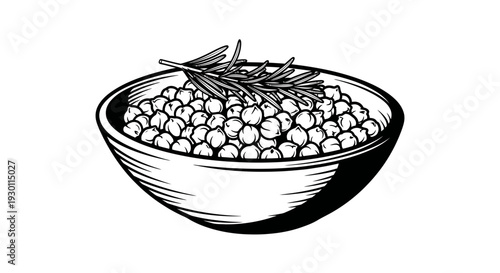 Monochrome engraving of chickpeas in a bowl with rosemary sprig, showcasing a classic culinary style