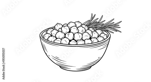 Elegant black and white line art depicting a bowl filled with nutritious chickpeas and fresh