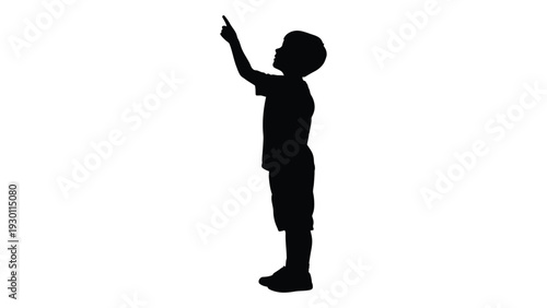 A silhouette of a child pointing upwards isolated on white background, Vector
