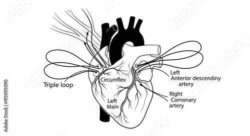 Detailed anatomical illustration of human heart coronary arteries and bypass graft pathways