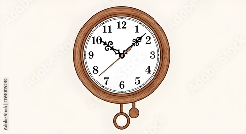 A classic round wall clock with a wooden frame, white face, black numerals, ornate hands, and a hanging pendulum is rendered in a clean illustrative style against a light beige background.