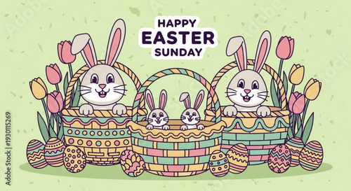 Easter bunnies in baskets with eggs and tulips on happy easter sunday