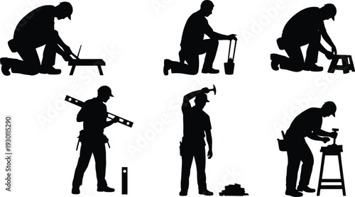 Carpenter worker silhouettes assembling furniture and tools isolated on white background