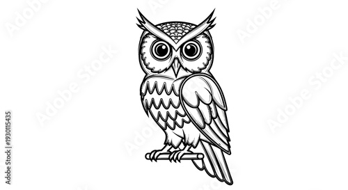 Elegant monochrome line illustration of a vigilant wise owl perched gracefully on a sturdy branch