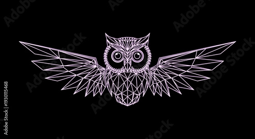 Sleek geometric owl with wide wingspan, crafted from intersecting lines and polygons