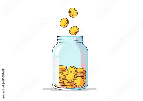 Coins being poured into a transparent glass jar filled with gold coins, viewed from the side