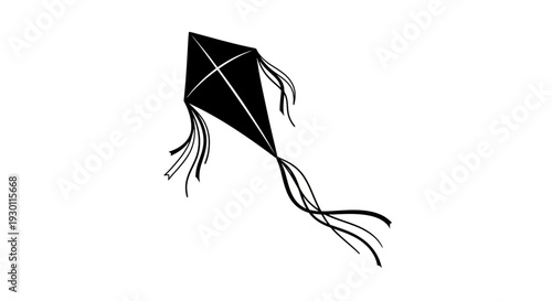 Elegant flying black kite silhouette with dynamic streaming tails against a pristine white