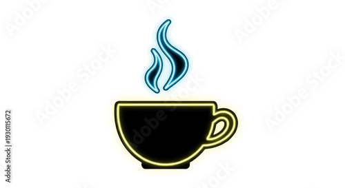 Vibrant glowing neon coffee cup with stylized blue steam on crisp white background minimalist design
