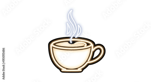 Illuminated hot beverage icon featuring vibrant neon-style outline and rising steam for modern